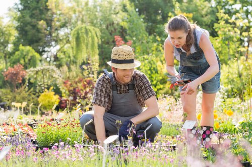 Beautiful garden scene with blooming flowers in spring